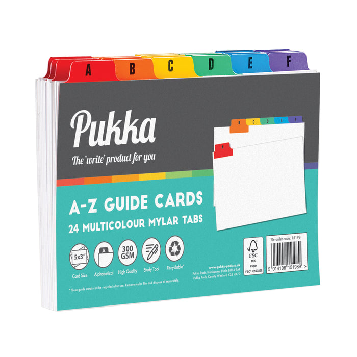 Cartes guides Pukka 5x3"(127 mm x 76 mm) avec onglets multicolores A-Z