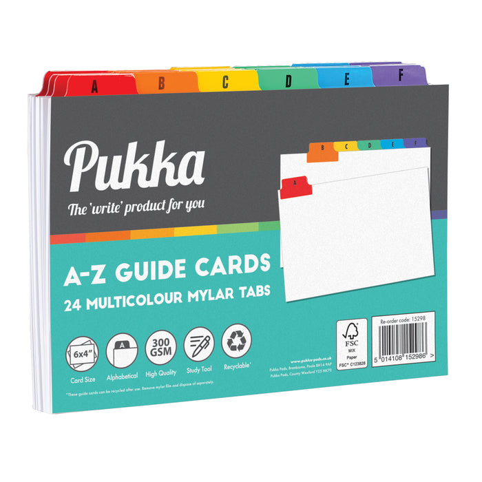 Cartes guides Pukka 6x4"(152mm x 100mm) avec onglets multicolores A-Z