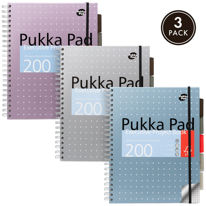 Pukka Pads Metallic 5x5 kariert, A4 Executive-Projektbücher – sortierte 3er-Packung