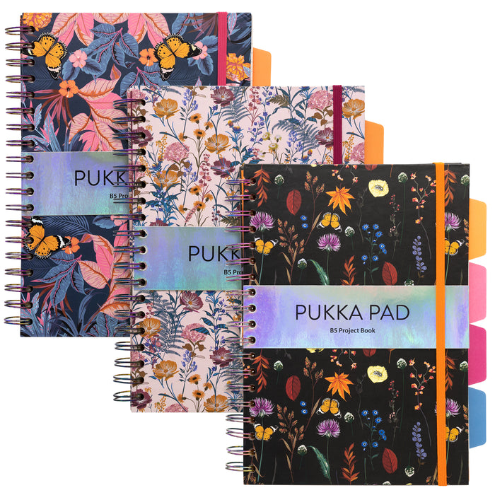 Pukka Pads Bloom B5 liniertes Hardcover-Projektbuch – sortiert, 3er-Pack 