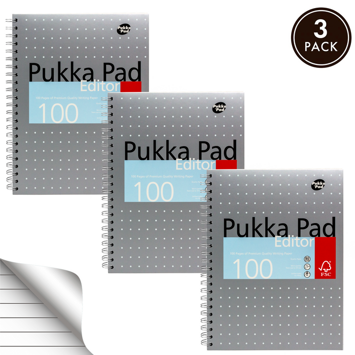 Pukka Pads A4+ Bloc d'édition métallique ligné - Paquet de 3