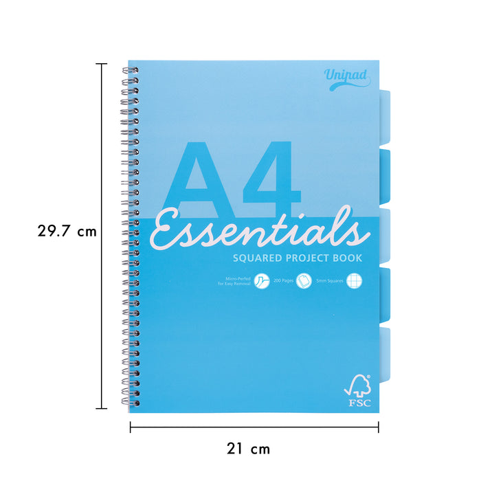 Unipad Essentials Carnet de projets A4 5 x 5 carrés – Lot de 4 assortis