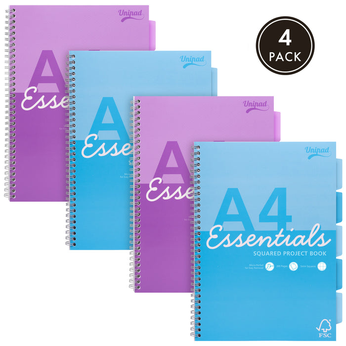 Unipad Essentials Carnet de projets A4 5 x 5 carrés – Lot de 4 assortis