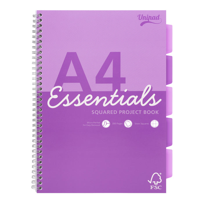 Unipad Essentials Carnet de projets A4 5 x 5 carrés – Lot de 4 assortis