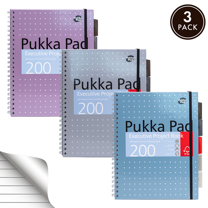 Pukka Pads metallic gevoerde A4 Executive Project-boeken - geassorteerd pakket van 3